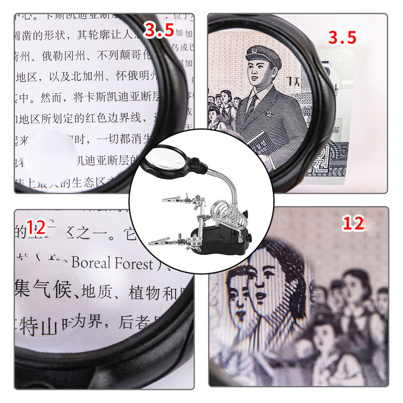 3,5X 12X-es nagyítós lencse LED-fénnyel segédkapcsos nagyítóval állítható nagyító kézi forrasztópáka javítószerszámok