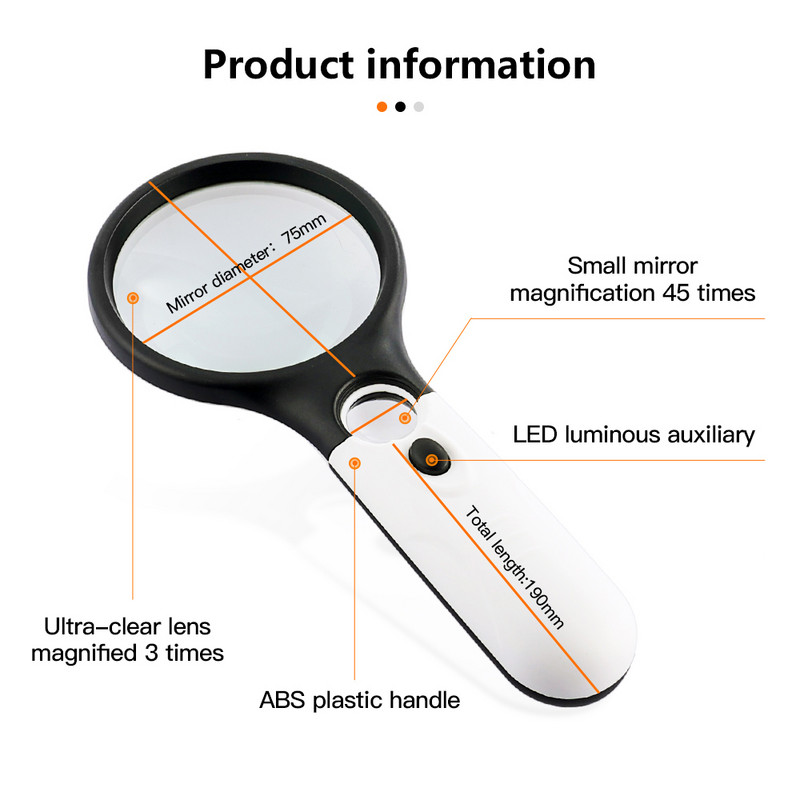 1 tk valgustusega luup 45X käeshoitav suurendusklaas 3 LED-valgusmikroskoobi objektiiviga ehtekella luup