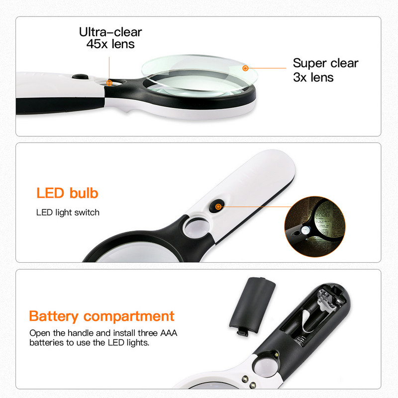 1 tk valgustusega luup 45X käeshoitav suurendusklaas 3 LED-valgusmikroskoobi objektiiviga ehtekella luup