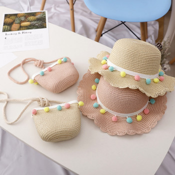 Παιδικά κορίτσια με μεγάλο φαρδύ γείσο Ψάθινο υφασμένο καπέλο ηλίου παραλίας Πολύχρωμη μπάλα από πομπόν Καλοκαιρινό καπέλο με κάδο Φορητή τσάντα