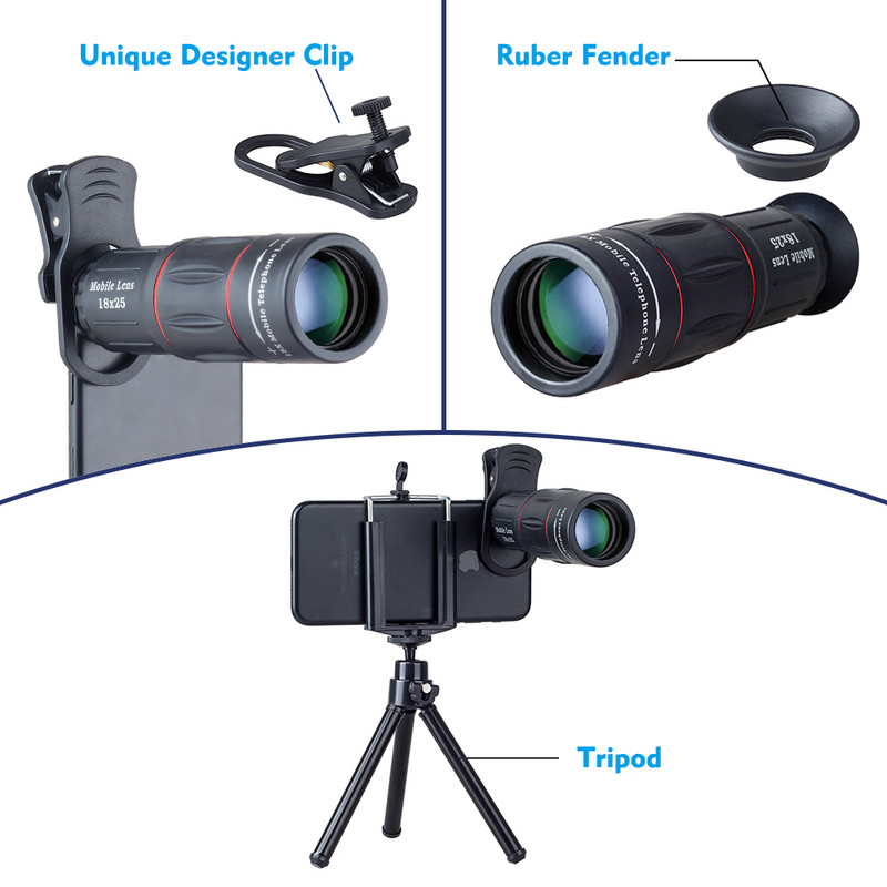 APEXEL telefono monokuliaras ilgo nuotolio 18x prisegamas mobilusis teleskopas teleobjektyvas su trikoju, skirtas stovyklavimui Keliaujantys telefono monokliai