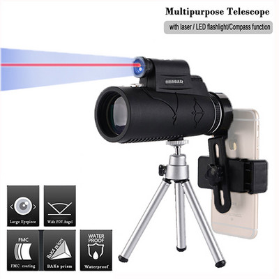 Többcélú monokuláris BAK4 Prism HD 12x50 zoom vízálló optikai teleszkóp kültéri kemping zseblámpa monokulár/távcső