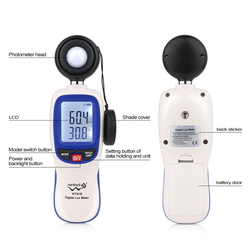 WINTACT skaitmeninis liukso matuoklis 200 000 liuksų skaitmeninis LCD kišeninis šviesos matuoklis Lux/FC matavimo testeris apšvietimas Jutiklis Fotometras WT81