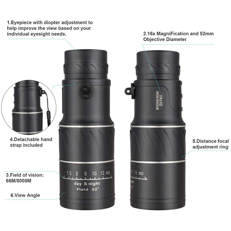 Monokulaarne 16x52 suure võimsusega binokkel veekindel teleskoop matkamiseks jahiks telkimiseks linnuvaatlemiseks turismiks matkateleskoop