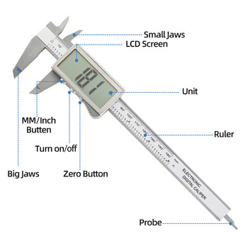 Πλαστικό ψηφιακό παχύμετρο Ίνα άνθρακα μετρικό Ηλεκτρονικές δαγκάνες Vernier Εργαλεία ξυλουργικής Μικρόμετρα όργανα μέτρησης