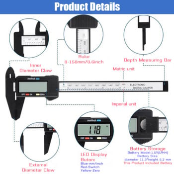 Ηλεκτρονικό ψηφιακό παχύμετρο 100/150 mm 6 ιντσών από ανθρακονήματα Vernier Δαγκάνα Μικρόμετρο Εργαλεία μέτρησης Χάρακας με μπαταρία