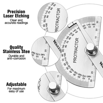 Vastar 180-градусов регулируем ъгломер от неръждаема стомана, кръгла глава, шублер, измервателна линийка