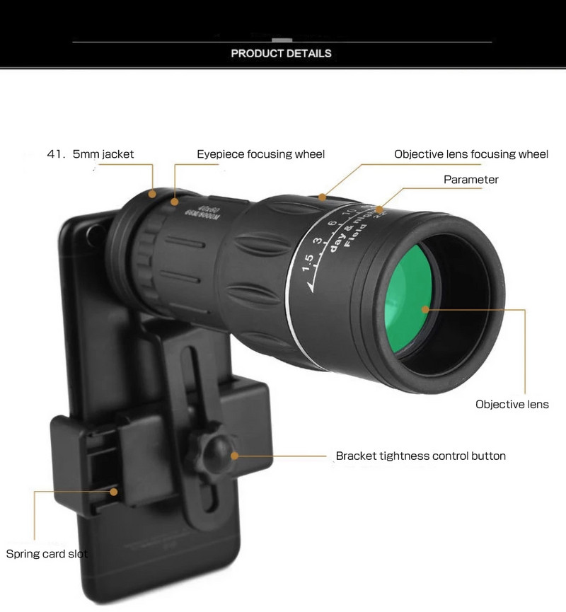 40x60 kabatas monokulārais binoklis Ērts tālummaiņas fokuss Ourism āra taktiskās medības attāluma mērīšana