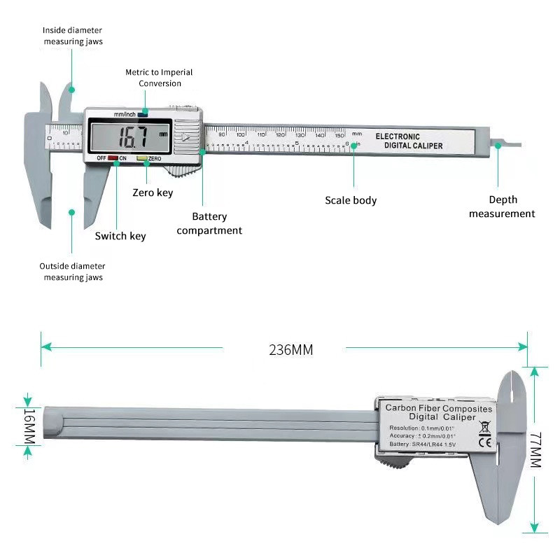 Ηλεκτρονικό ψηφιακό διαβήτη 6 ιντσών 150 mm 100 mm 6 ιντσών, ανθρακονήματα, μετρητή διαμέτρημα δαγκάνα Vernier, ψηφιακό εργαλείο μέτρησης χάρακα
