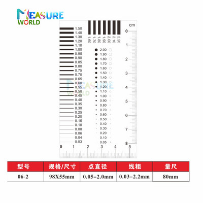 Matavimo eiga Ženkliuko matuoklis Dėmių kortelė Taškinio matuoklio vielos matuoklis Skaidrios plėvelės liniuotė Dėmių įtrūkimų kontrasto liniuotė