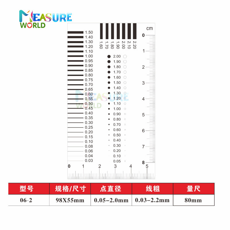 Matavimo eiga Ženkliuko matuoklis Dėmių kortelė Taškinio matuoklio vielos matuoklis Skaidrios plėvelės liniuotė Dėmių įtrūkimų kontrasto liniuotė