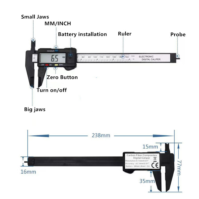 Instrument de măsurare a șubler digital electronic de 150 mm Cadran din fibră de carbon Caliper Vernier Instrument de măsurare Micrometru Riglă digitală