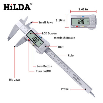 ХИЛДА Нониус, цифров 150 мм електронен цифров дебеломер, 6-инчов LCD микрометър, измервателен инструмент