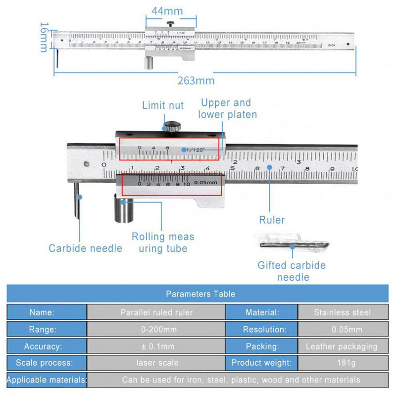 0-200 mm marķēšanas vernjē suports ar karbīda skrubi nerūsējošā tērauda paralēlās marķēšanas vernjē suporta marķēšanas mērinstruments