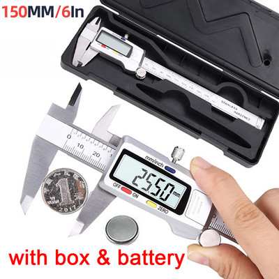 Mērinstruments nerūsējošā tērauda digitālais suports 6 "150 mm Messschieber Paquimetro mērinstruments, vernjē suporti un akumulators