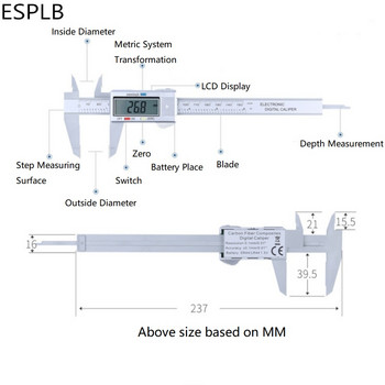 ESPLB 150 мм пластмасов дебеломер 6-инчов LCD екран Електронен цифров дебеломер Въглеродни влакна Милиметрови дебеломери за преобразуване