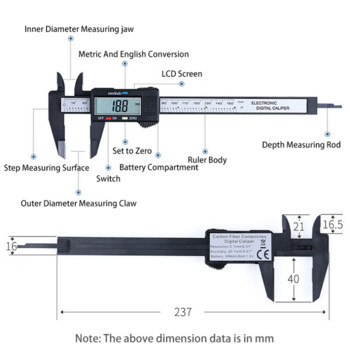 150 mm Vernier дебеломер Електронен цифров дебеломер Измервателен апарат с въглеродни влакна Микрометър Измервателен инструмент Цифрова линийка