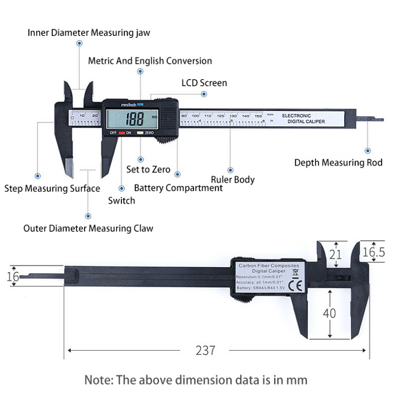 150 mm digitálne posuvné meradlo s vernierom, elektronické digitálne posuvné meradlo s uhlíkovými vláknami, mikrometer, merací nástroj, digitálne pravítko