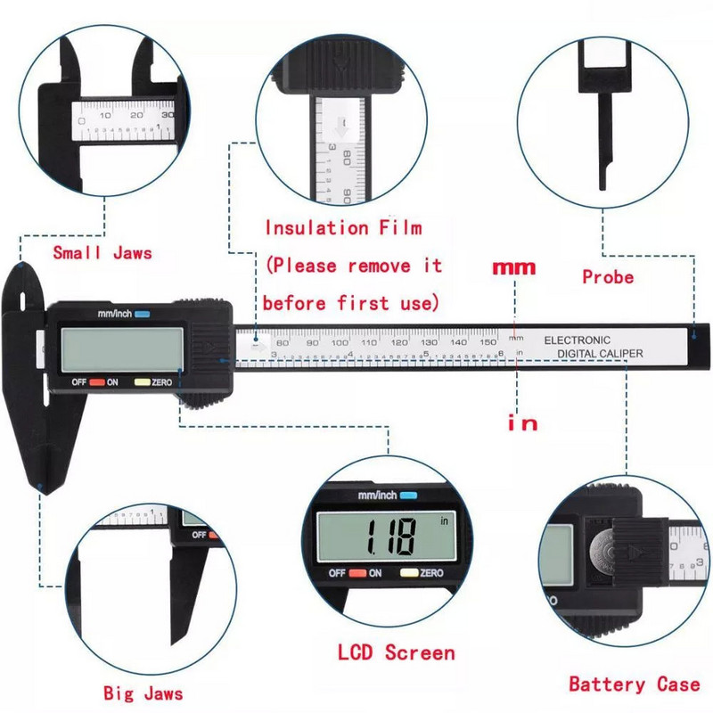 Riglă pentru șubler digital electronic Vastar de 6 inchi și 150 mm Vernier compozit din fibră de carbon cu baterie LR44 de 1,5 V