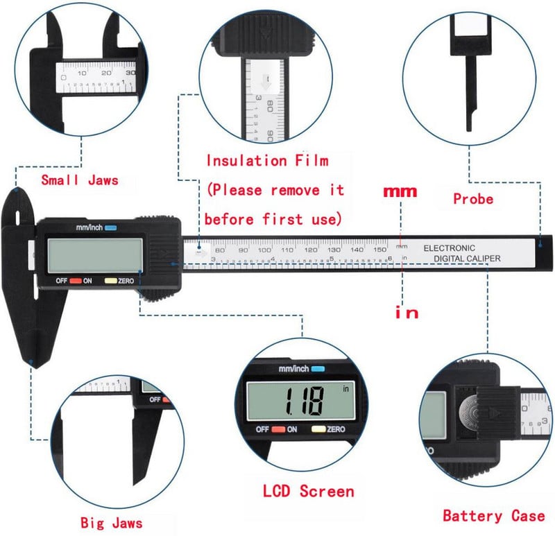 Șubler digital electronic de 150 mm, 6 inci, fibră de carbon, șubler Vernier Instrumente de măsurare micrometru Instrumente de măsurare riglă digitală Instrument de măsurare