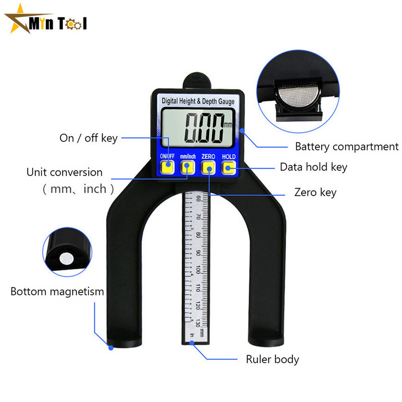 Indicator de adâncime, LCD, instrumente de măsurare a înălțimii, șublere cu picioare magnetice pentru mese de frezat, instrumente de măsurare pentru prelucrarea lemnului