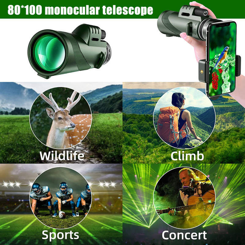 80X100 monokuláris professzionális teleszkóp állványos telefonkapcsos, gyenge megvilágítású HD távcső kültéri madárles kempingturizmushoz