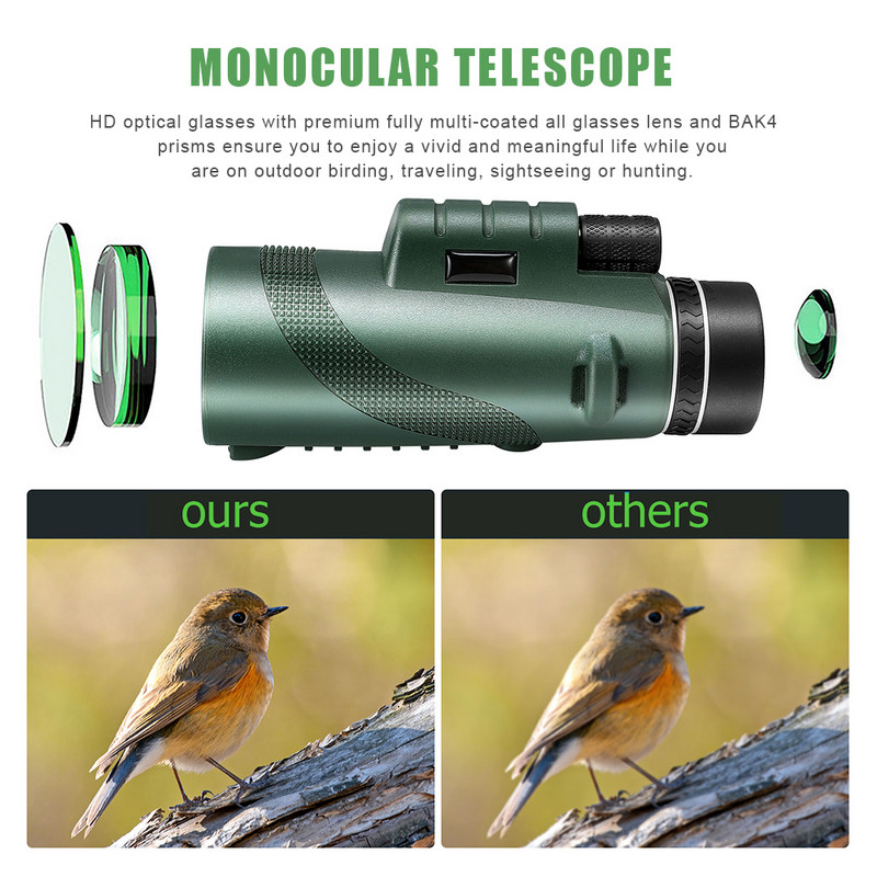 80X100 monokuláris professzionális teleszkóp állványos telefonkapcsos, gyenge megvilágítású HD távcső kültéri madárles kempingturizmushoz
