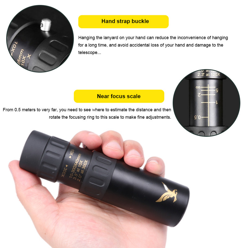 Telescop cu zoom monocular HD 10-300X Telescop portabil Binoclu puternic cu trepied și suport pentru telefon pentru camping, vânătoare