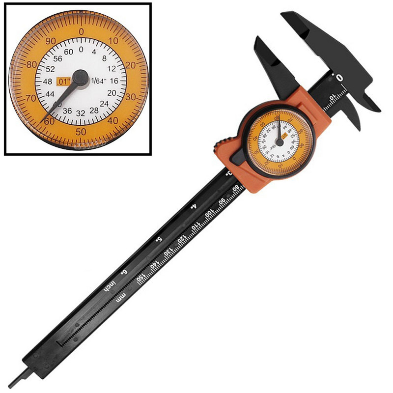 1 db számlapos tolómérő mérőeszközök Műanyag nóniuszos tolómérő órával, nagy pontosságú számlapjelzővel, 0-150 mm alkatrészszerszám