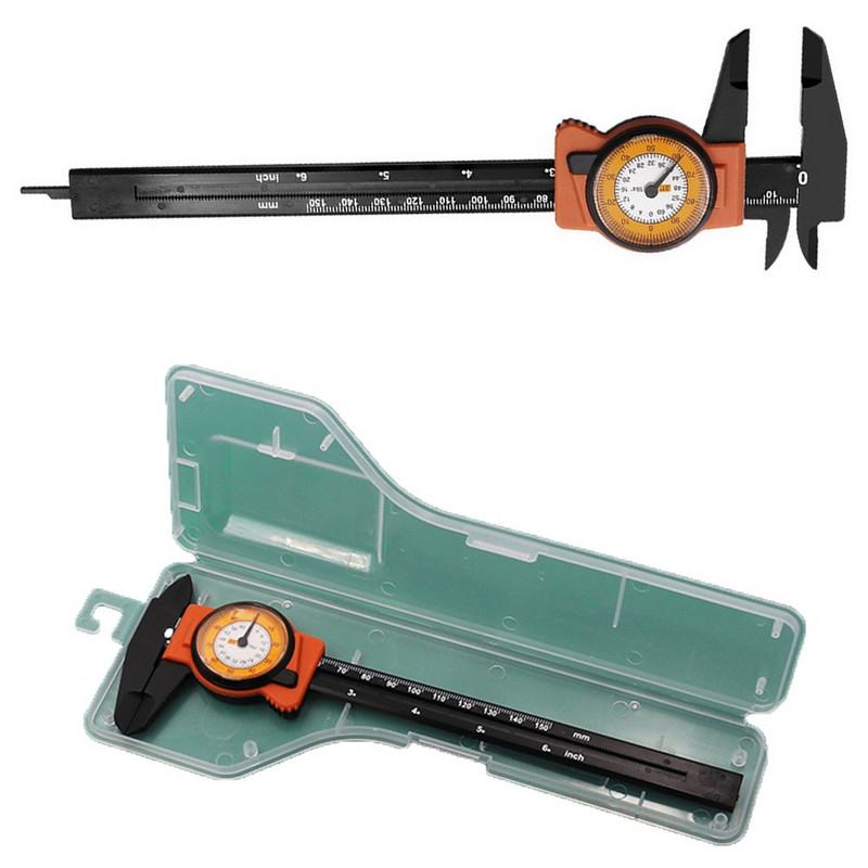 1 db számlapos tolómérő mérőeszközök Műanyag nóniuszos tolómérő órával, nagy pontosságú számlapjelzővel, 0-150 mm alkatrészszerszám