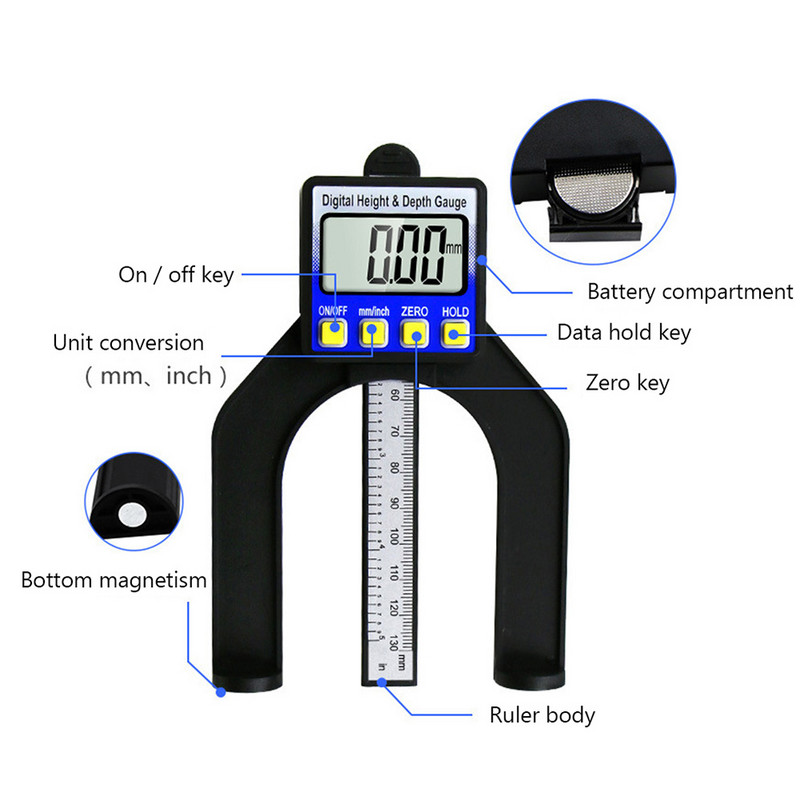 Caliper digital de adâncime de 0-80 mm LCD pentru măsurători de înălțime, șublere 0,01 mm cu picioare magnetice pentru instrumente de măsurare pentru prelucrarea lemnului