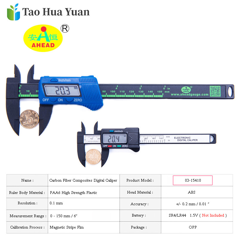 Tao Hua Yuan új érkezésű, 150 mm-es 6 hüvelykes LCD digitális elektronikus szénszálas nóniuszos tolómérő mikrométeres mérőeszköz vonalzó