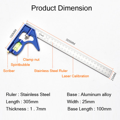 Pravítko z nehrdzavejúcej ocele, telo z zliatiny, profesionálny kombinovaný uholník, laserová kalibrácia, drevoobrábanie, uholník s tesárom