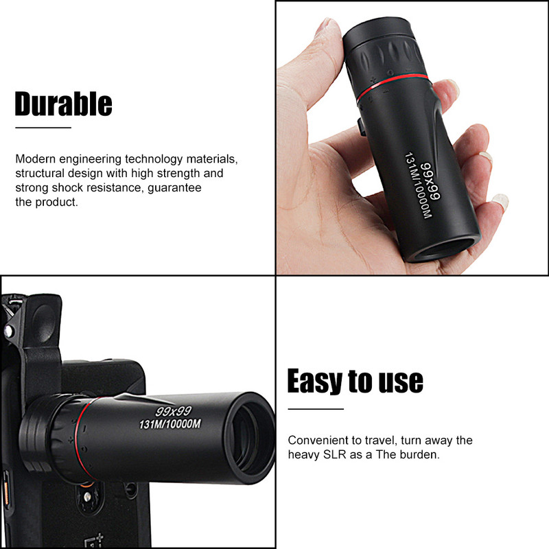 99x99 Didelio padidinimo HD monokulis telefono teleskopas silpnai apšviestas naktinis matymas be infraraudonųjų spindulių kišeninis monokuliaras kelionėms medžioti