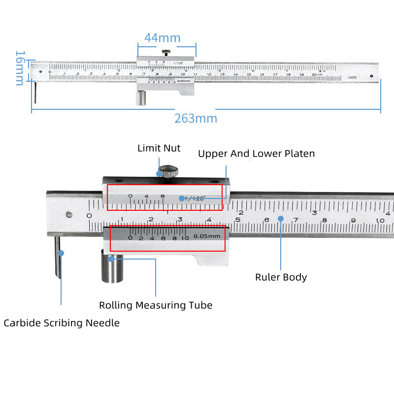 0-200mm Marcare Vernier Caliper Scriber Calibrare Riglă de măsurare Instrument Instrument Instrument DIY Prelucrarea lemnului Instrumente pentru prelucrarea metalelor