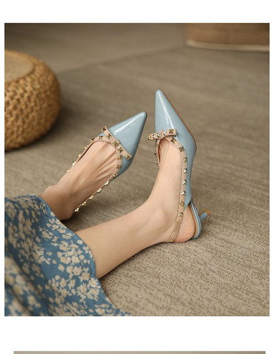 Slingback Nyári Új magassarkú cipők All-Match női pumpák Dekoráció Szegecsek Szexi hegyes sekély szájú Zapatos De Vestir Mujer