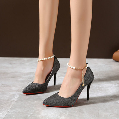 Pearl Bling String Karoliukų sagtis Moteriški Siurbliai Auksiniai 7 cm/10 cm Aukštakulniai kulkšnies dirželis Moteriška vakarėliui skirta vestuvinė suknelė, didelis 45 dydis