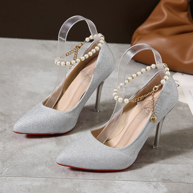 Pearl Bling String Karoliukų sagtis Moteriški Siurbliai Auksiniai 7 cm/10 cm Aukštakulniai kulkšnies dirželis Moteriška vakarėliui skirta vestuvinė suknelė, didelis 45 dydis