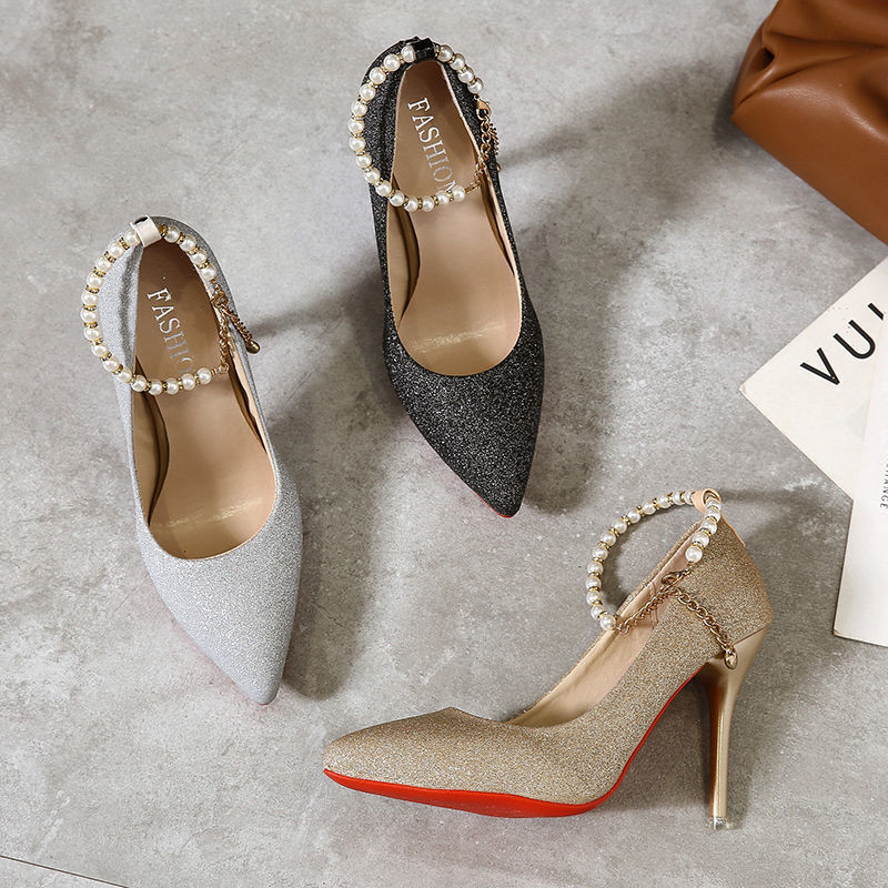 Pearl Bling String Karoliukų sagtis Moteriški Siurbliai Auksiniai 7 cm/10 cm Aukštakulniai kulkšnies dirželis Moteriška vakarėliui skirta vestuvinė suknelė, didelis 45 dydis