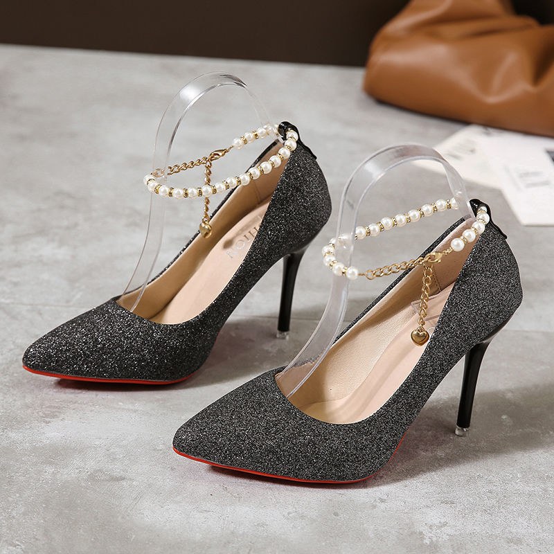 Pearl Bling String Karoliukų sagtis Moteriški Siurbliai Auksiniai 7 cm/10 cm Aukštakulniai kulkšnies dirželis Moteriška vakarėliui skirta vestuvinė suknelė, didelis 45 dydis