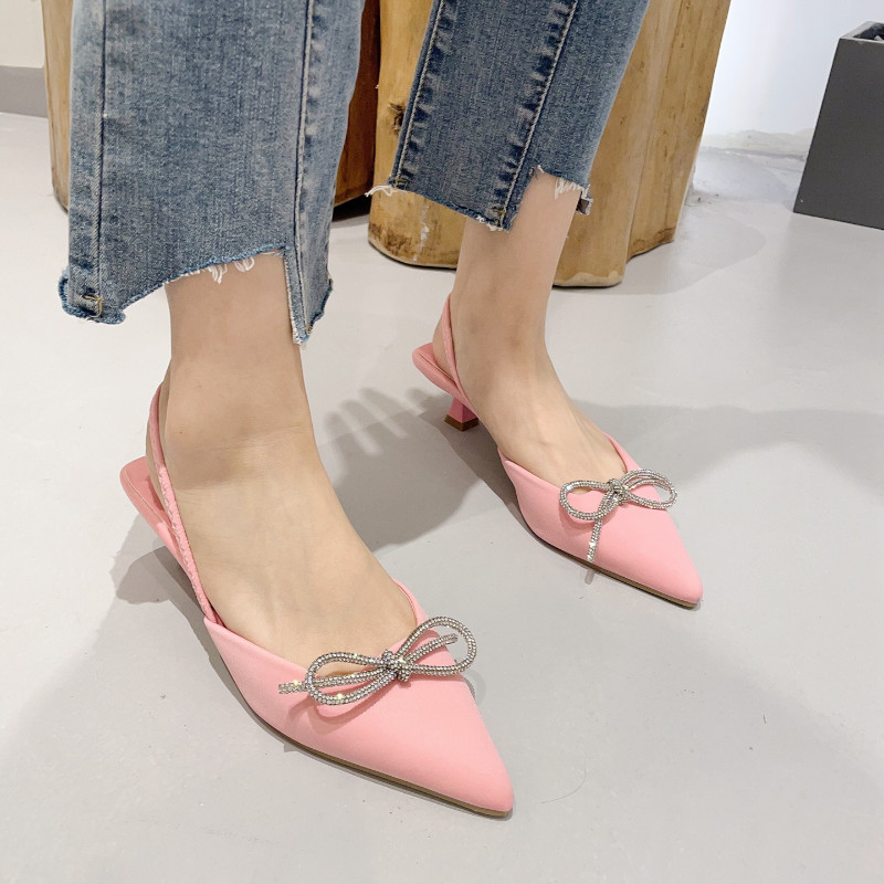 Alacsony sarkú szivattyúk női elegáns kék öszvérek hegyes orrú ruhacipő 2022 tavaszi hátpánt Slingback Crystal pillangó-csomó