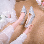 Toamnă Noi pantofi cu toc înalt pentru femei Perle Sexy cu vârf ascuțit Pompe cu fund strălucitor la modă Temperament pantofi de mireasă superficiali 43