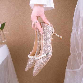 Есенни нови дамски обувки на висок ток Перли Секси помпи с остри пръсти Блестящо дъно Модни темпераментни плитки сватбени обувки 43