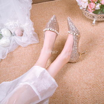 Есенни нови дамски обувки на висок ток Перли Секси помпи с остри пръсти Блестящо дъно Модни темпераментни плитки сватбени обувки 43