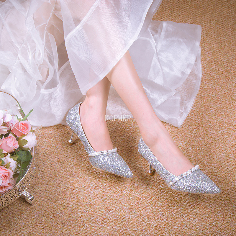 Toamnă Noi pantofi cu toc înalt pentru femei Perle Sexy cu vârf ascuțit Pompe cu fund strălucitor la modă Temperament pantofi de mireasă superficiali 43