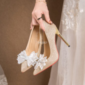 2023. gads. Sievietes ar smailiem purngaliem, kristāla mirdzošs bantītis, plāni augstpapēžu kurpes vasaras līgavu apaviem papēžiem ballīšu apavi kāzu apavi sievietēm