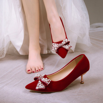 2023 Σέξι γυναικεία παπούτσια με μυτερά παπούτσια Pumps Flock Dress ψηλοτάκουνα Boat Zapatos Mujer Bowknot Wedding GLADIATOR Casual Stripper 43