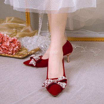 2023 Секси дамски обувки Помпи с остри пръсти Флок рокля с високи токчета Лодка Zapatos Mujer Bowknot Wedding GLADIATOR Ежедневни стриптизьорки 43