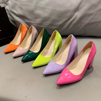 Модни обувки с бонбонени обувки на висок ток Секси обувки Дамски кожени офис обувки с квадратен ток 35-43 Сватбени дамски обувки