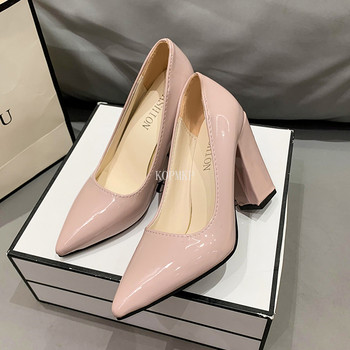 Модни обувки с бонбонени обувки на висок ток Секси обувки Дамски кожени офис обувки с квадратен ток 35-43 Сватбени дамски обувки